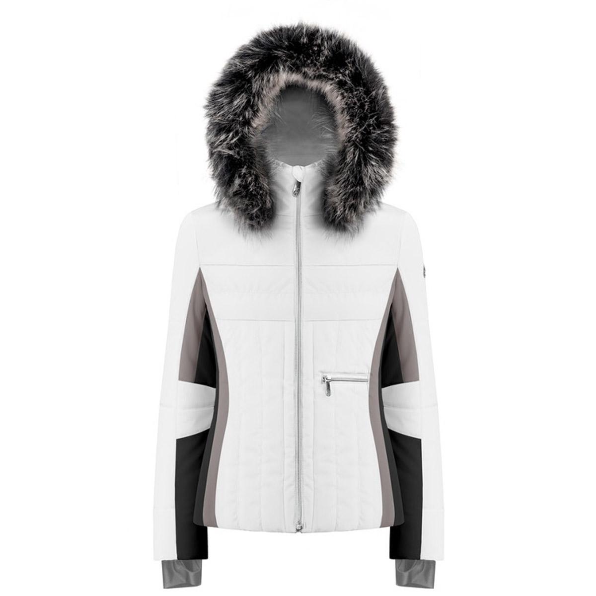 white ski jacket with fur hood